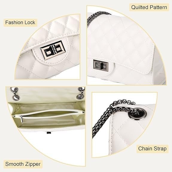 KRIFTY Quilted Crossbody Handbag with Chain Strap, Premium Leather, Diamond Pattern, Gunmetal Hardware (White) - Image 3