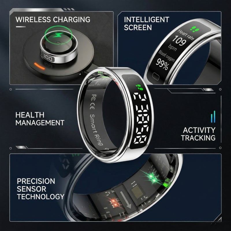 Smart Ring 12# Black Stainless Steel With Touch Display - 24/7 Health Monitoring Extended Battery Life Wireless Charging Fitness Tracker Ring for Busy Professionals - Image 5