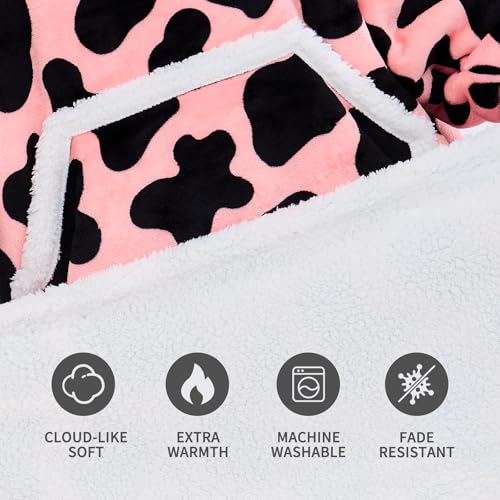 IFNOW Wearable Blanket Hoodie, Oversized Sherpa Fleece Hooded Blanket Sweatshirt with Eye Mask and Pocket, Comfy Long Flannel Blanket for Adults Men,Gifts for Women Mom Girlfriend, PinkCow - Image 5