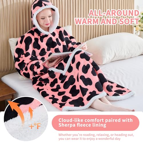 IFNOW Wearable Blanket Hoodie, Oversized Sherpa Fleece Hooded Blanket Sweatshirt with Eye Mask and Pocket, Comfy Long Flannel Blanket for Adults Men,Gifts for Women Mom Girlfriend, PinkCow - Image 4