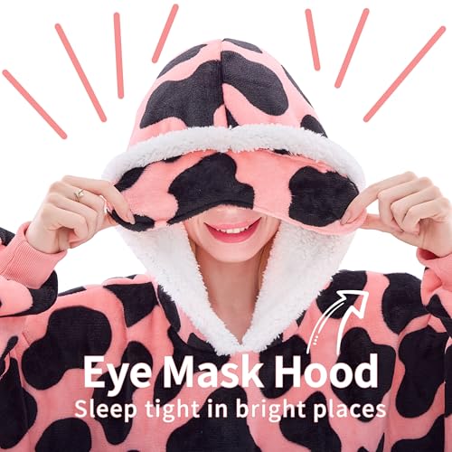 IFNOW Wearable Blanket Hoodie, Oversized Sherpa Fleece Hooded Blanket Sweatshirt with Eye Mask and Pocket, Comfy Long Flannel Blanket for Adults Men,Gifts for Women Mom Girlfriend, PinkCow - Image 2