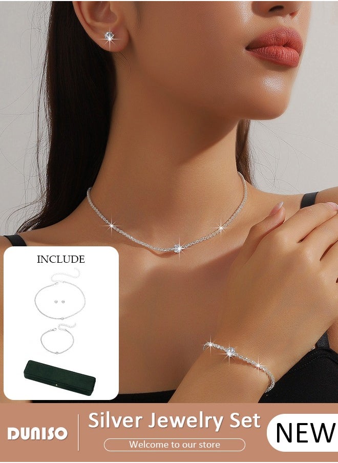DUNISO Silver Bridal Jewelry Set, Include Rhinestone Necklace Bracelet Earrings, Brides Bridesmaid Prom Costume Accessories, Wedding Bridesmaid Gifts fit with Wedding Dress  - Image 1