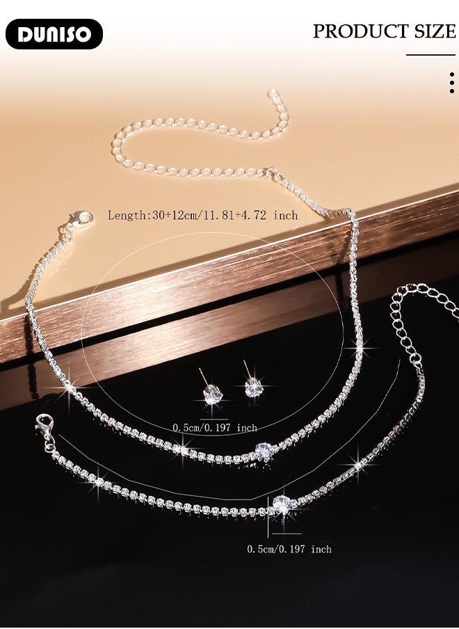 DUNISO Silver Bridal Jewelry Set, Include Rhinestone Necklace Bracelet Earrings, Brides Bridesmaid Prom Costume Accessories, Wedding Bridesmaid Gifts fit with Wedding Dress  - Image 5