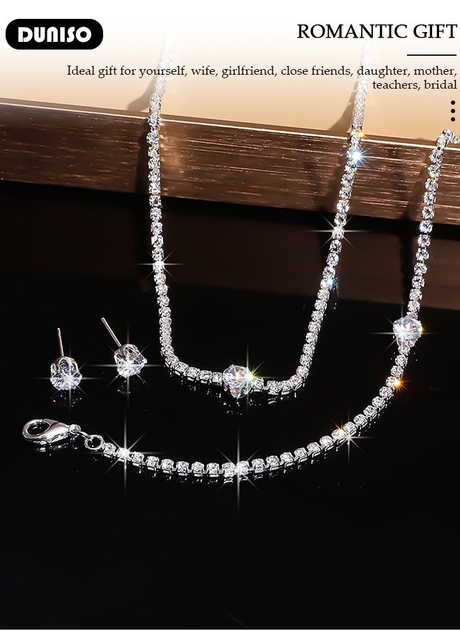 DUNISO Silver Bridal Jewelry Set, Include Rhinestone Necklace Bracelet Earrings, Brides Bridesmaid Prom Costume Accessories, Wedding Bridesmaid Gifts fit with Wedding Dress  - Image 4