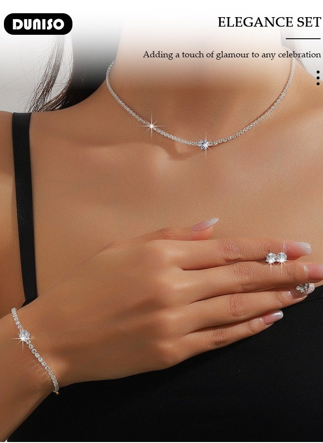 DUNISO Silver Bridal Jewelry Set, Include Rhinestone Necklace Bracelet Earrings, Brides Bridesmaid Prom Costume Accessories, Wedding Bridesmaid Gifts fit with Wedding Dress  - Image 3