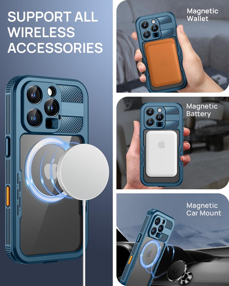 Lanhiem Magnetic for iPhone 16 Pro Max Case, IP68 Waterproof Dustproof Case, [Compatible with Magsafe] [Built-in Screen Protector] Full Body Heavy Duty Rugged Phone Cover 6.9 inch, Blue/Clear - Image 3