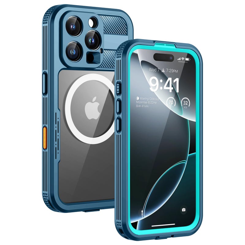 Lanhiem Magnetic for iPhone 16 Pro Max Case, IP68 Waterproof Dustproof Case, [Compatible with Magsafe] [Built-in Screen Protector] Full Body Heavy Duty Rugged Phone Cover 6.9 inch, Blue/Clear - Image 1