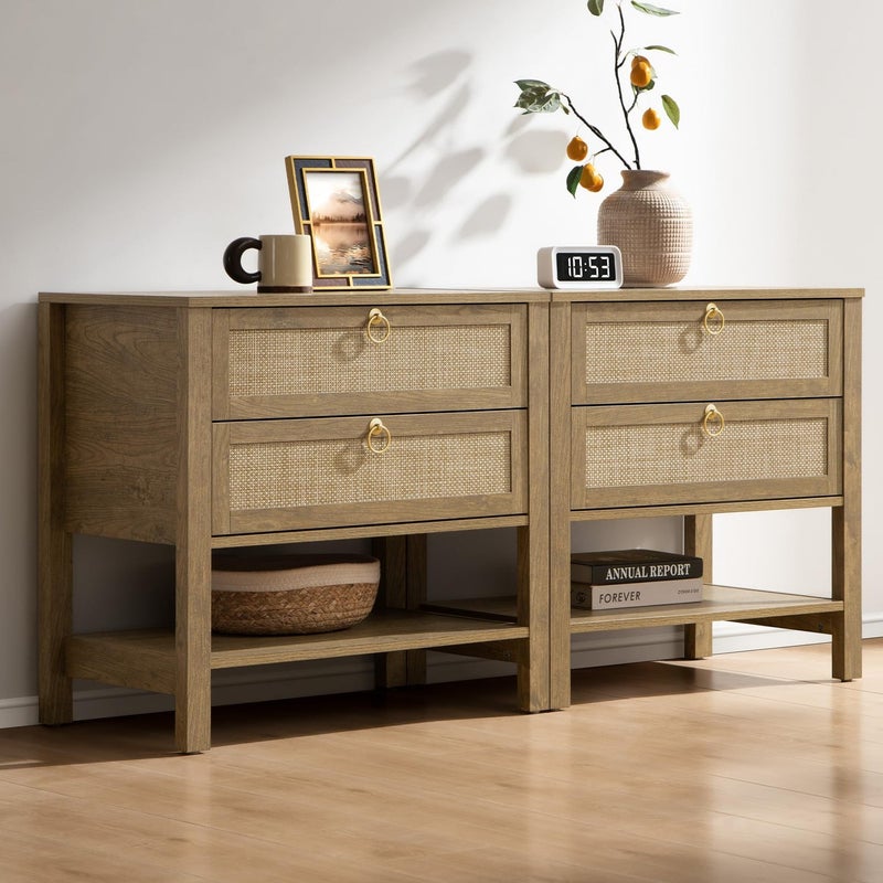SICOTAS Nightstands Set of 2 for Bedroom Bedside Tables with Drawer Open Shelf Modern Boho Nightstand Set for Master Bedroom