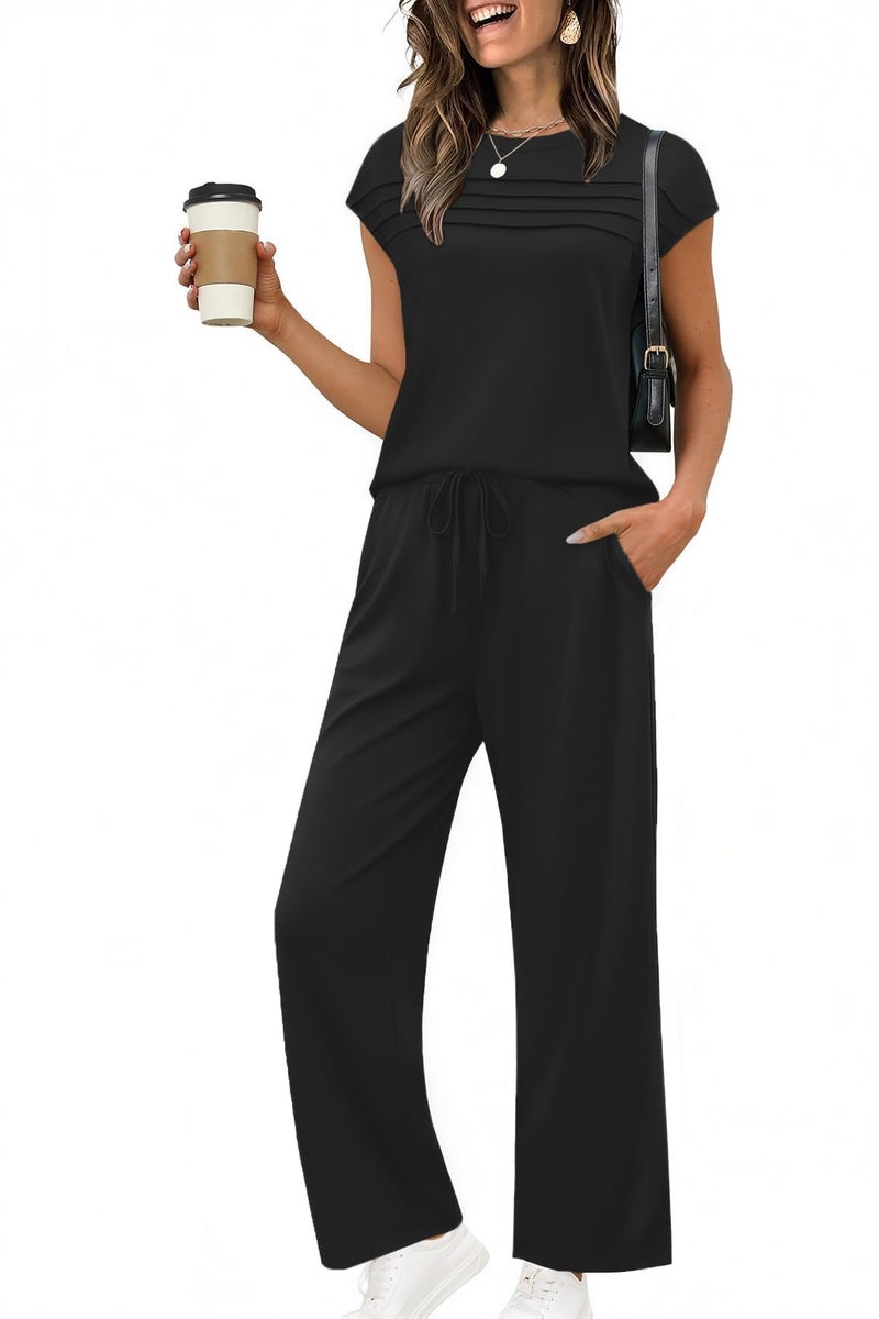 Ekouaer Two Piece Sets for Women Summer Soft Casual Cap Sleeve Lounge Sets Travel Vacation Airport Outfits Black Medium - Image 1