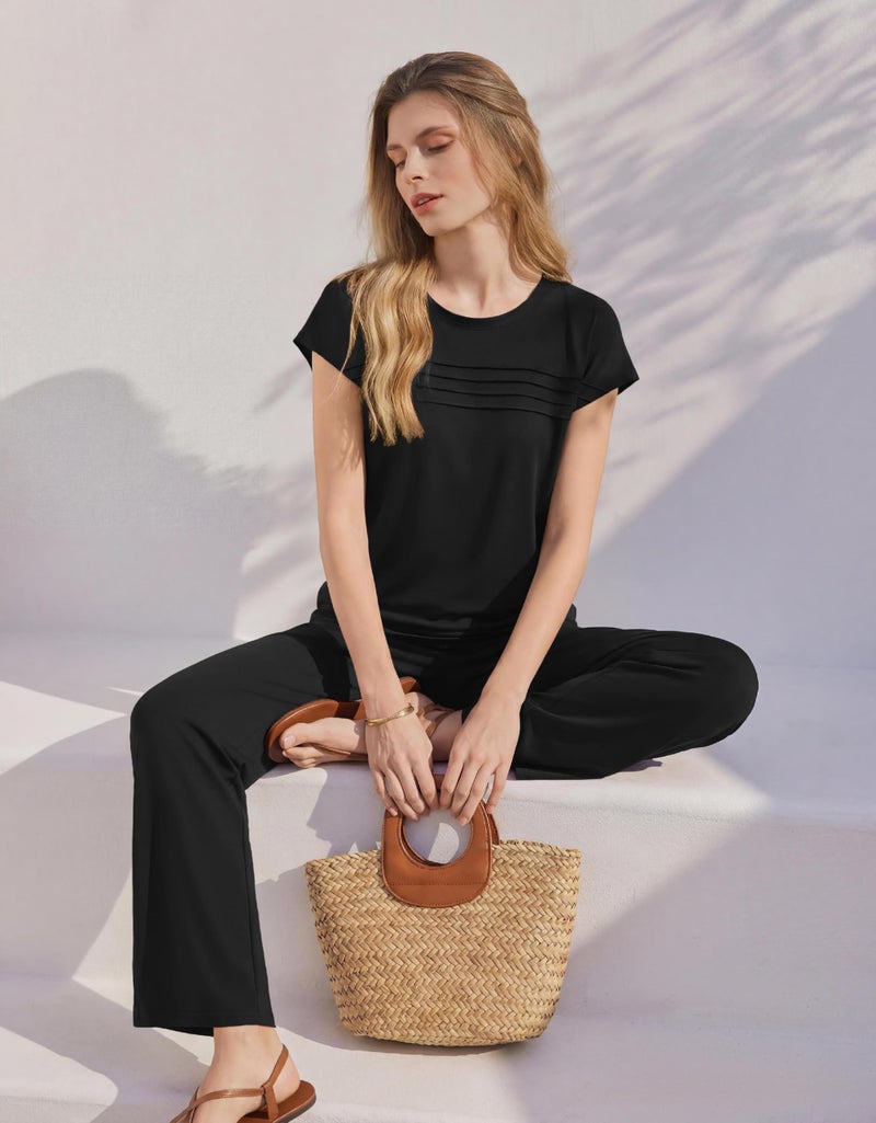 Ekouaer Two Piece Sets for Women Summer Soft Casual Cap Sleeve Lounge Sets Travel Vacation Airport Outfits Black Medium - Image 3
