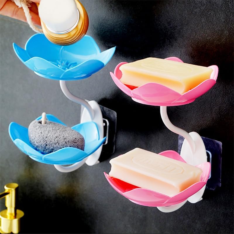 DIGIONICS Digionics Wall- Mounted Drain Soap Box Double Layer Lotus Flower Shaped Soap Tray Removable Soap Dish Non- Slip Storage Self- Adhesive Bathroom Accessories (Set of 2Pc) - Plastic  - Image 5
