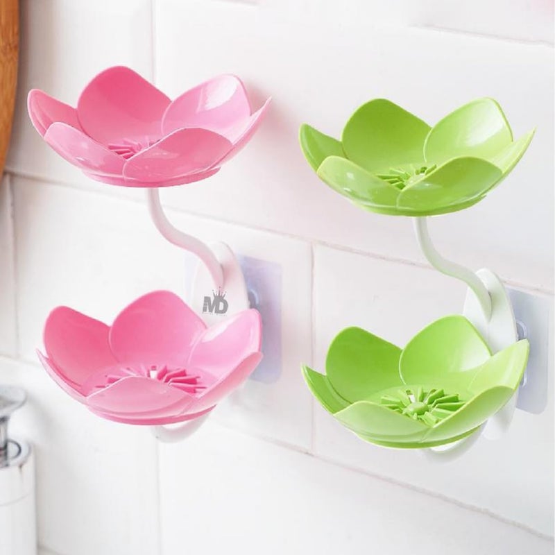 DIGIONICS Digionics Wall- Mounted Drain Soap Box Double Layer Lotus Flower Shaped Soap Tray Removable Soap Dish Non- Slip Storage Self- Adhesive Bathroom Accessories (Set of 2Pc) - Plastic  - Image 1