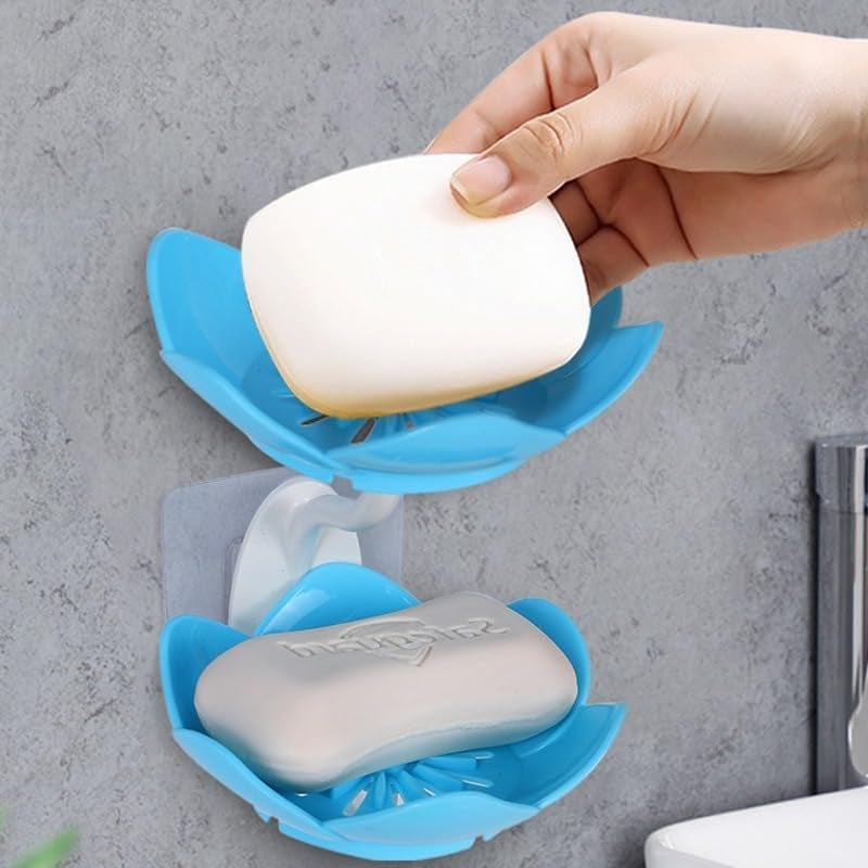 DIGIONICS Digionics Wall- Mounted Drain Soap Box Double Layer Lotus Flower Shaped Soap Tray Removable Soap Dish Non- Slip Storage Self- Adhesive Bathroom Accessories (Set of 2Pc) - Plastic  - Image 4