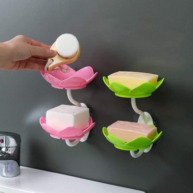DIGIONICS Digionics Wall- Mounted Drain Soap Box Double Layer Lotus Flower Shaped Soap Tray Removable Soap Dish Non- Slip Storage Self- Adhesive Bathroom Accessories (Set of 2Pc) - Plastic  - Image 2