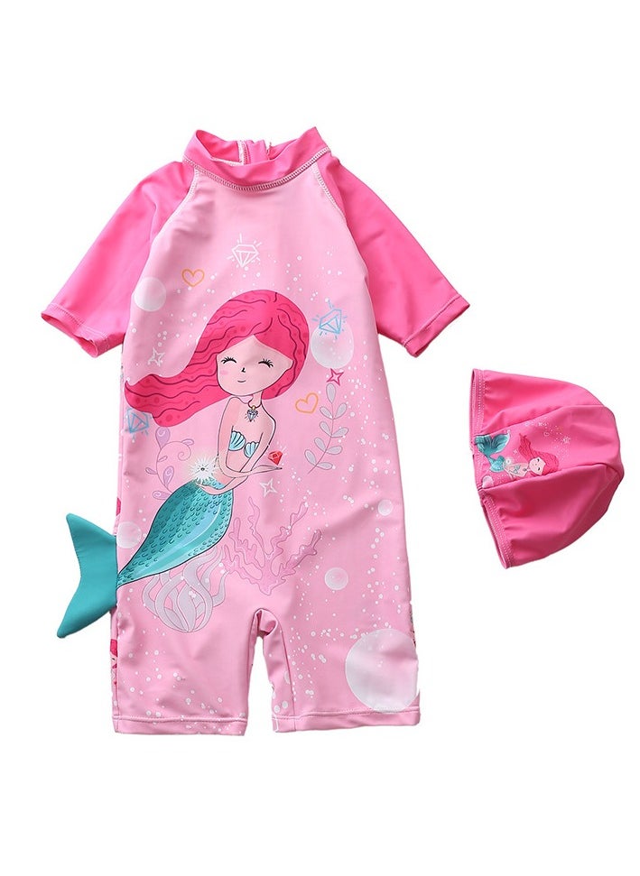 SISGL Children's Swimsuit For Girls Mermaid Design Short Sleeve With Cap One Piece Surfing Suit Baby Swimming Pool Girl Swimsuit  - Image 1
