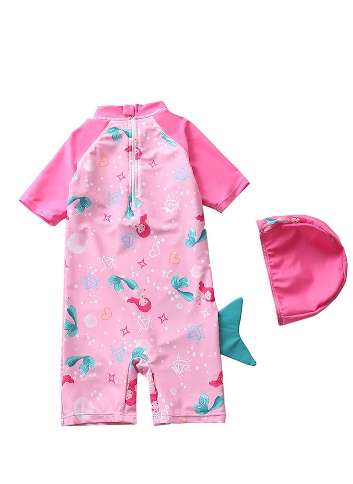 SISGL Children's Swimsuit For Girls Mermaid Design Short Sleeve With Cap One Piece Surfing Suit Baby Swimming Pool Girl Swimsuit  - Image 2
