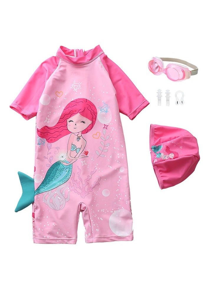 SISGL Children's Swimsuit For Girls Mermaid Design Short Sleeve With Cap One Piece Surfing Suit Baby Swimming Pool Girl Swimsuit - Image 1