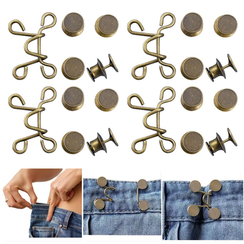 Urmspst 4 Set Pant Waist Tightener Adjustable Waist Buckle Set Extra Button for Jeans to Make Tighter Button Adjuster for Pants Jeans Skirts Sleeves Bronze