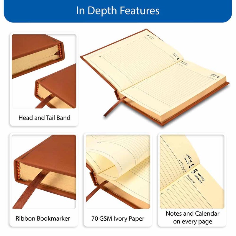 FIS 2026 Golden A5 Diary, 148x210mm, 1 Side Padded Italian PU Cover Materials, Gold Gilded Edges, 1 Day a Page Format, Arabic/English, 70gsm Italian Ivory Paper, Brown Cover-FSDI20AEG26BR - Image 5