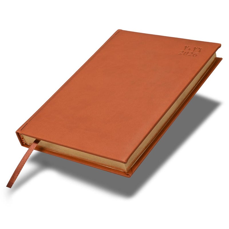 FIS 2026 Golden A5 Diary, 148x210mm, 1 Side Padded Italian PU Cover Materials, Gold Gilded Edges, 1 Day a Page Format, Arabic/English, 70gsm Italian Ivory Paper, Brown Cover-FSDI20AEG26BR - Image 1