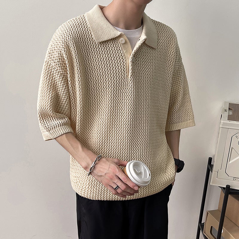 Mens Summer Knitted Polo Shirt Short Sleeve Breathable Brown  - Image 2