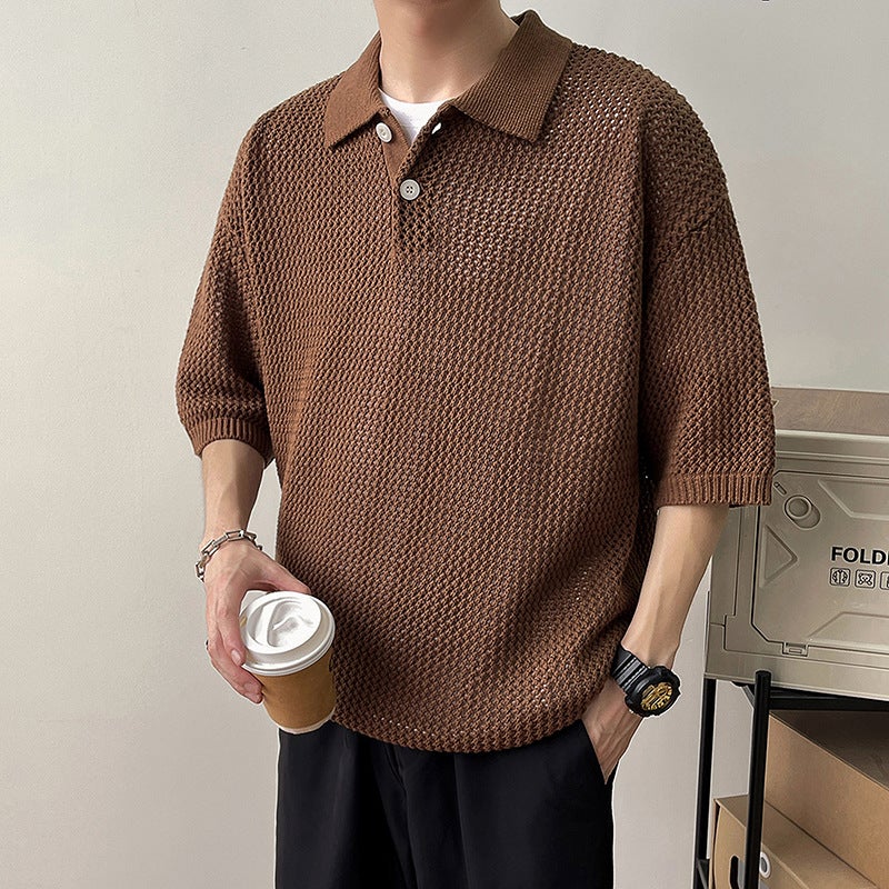 Mens Summer Knitted Polo Shirt Short Sleeve Breathable Brown  - Image 1