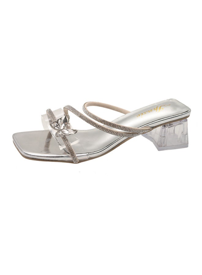 One-strap Sandals Women's New Crystal Chunky Heel Mid Heel With Dress Elegant Silver High Heels - Image 5