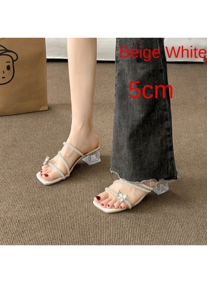 One-strap Sandals Women's New Crystal Chunky Heel Mid Heel With Dress Elegant Silver High Heels - Image 1