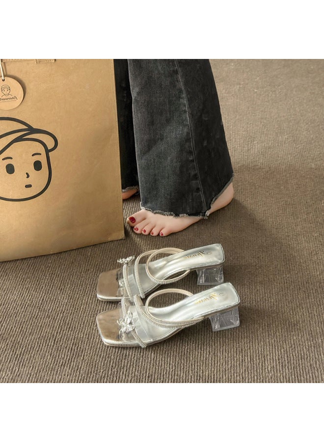 One-strap Sandals Women's New Crystal Chunky Heel Mid Heel With Dress Elegant Silver High Heels - Image 2