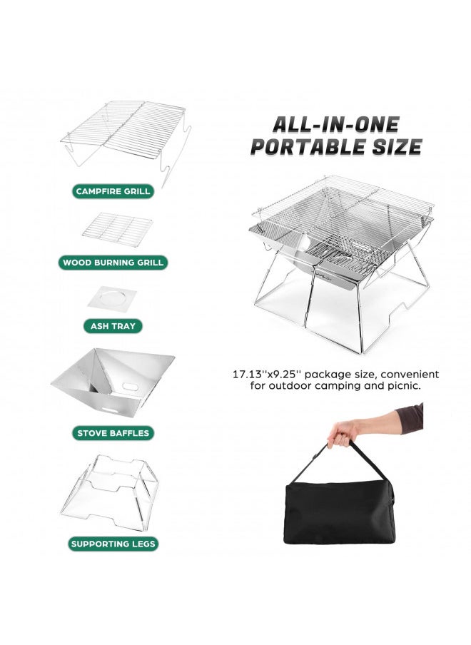 Odoland Odoland Folding Campfire Grill, Camping Fire Pit, Outdoor Wood Stove Burner, 304 Premium Stainless Steel, Portable Camping Charcoal Grill with Carrying Bag for Backpacking Hiking Travel Picnic BBQ  - Image 2