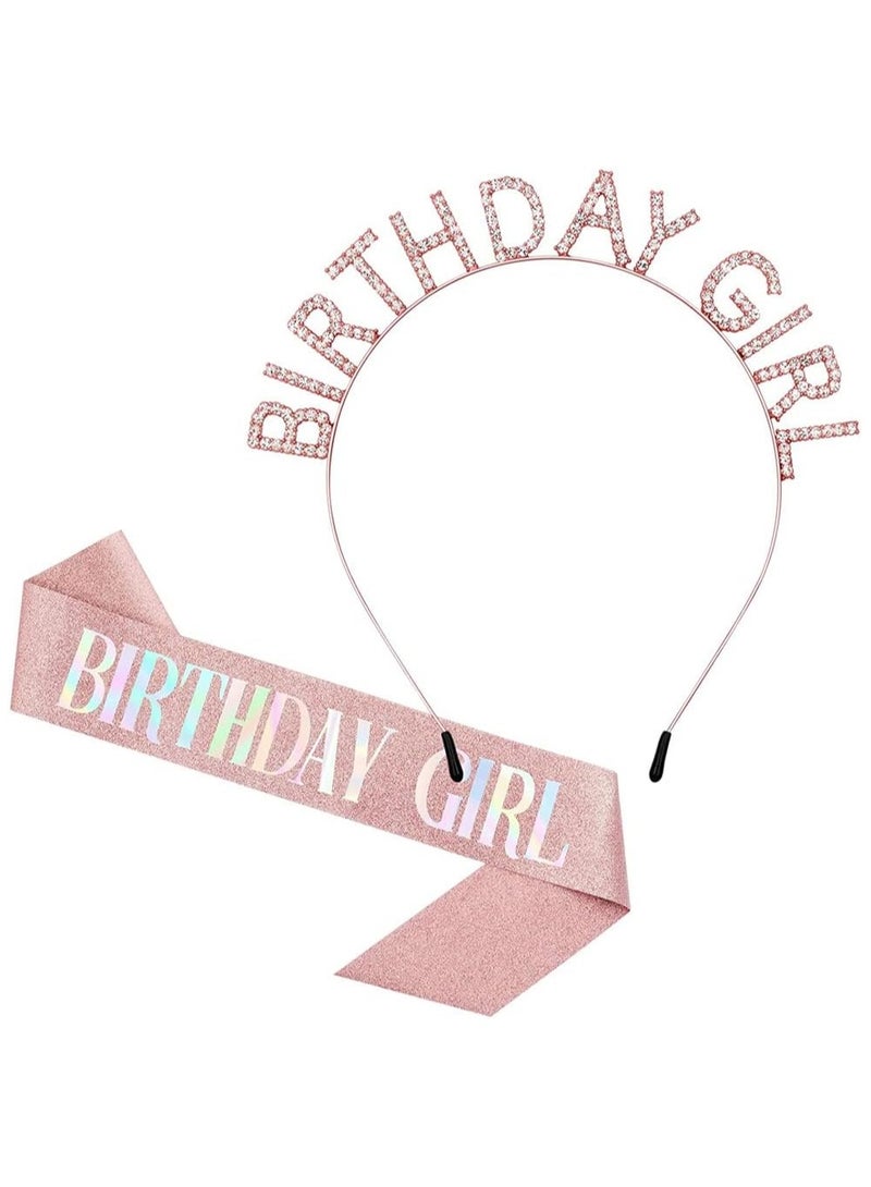 2pc Birthday Crowns for Girl,Birthday Tiara for Women Set,Princess Rhinestone Birthday Girl Headband and Ribbon Party Supplies,Gift for Kids Age 8+ - Image 1