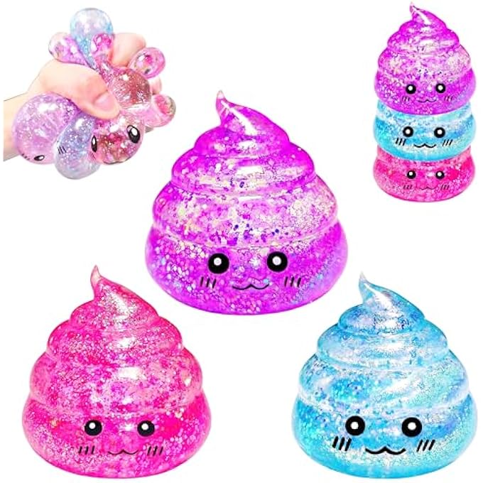 EVDERS 3 Pack Novelty Squishy Poop Stress Balls, 3 Colors Glitter Poops Sensory Joke Prank Toys Anxiety Relief Squeeze Fidget Toy Funny Poop Shape Autism Toy for Adults Teens Kids Party Favor - Image 1