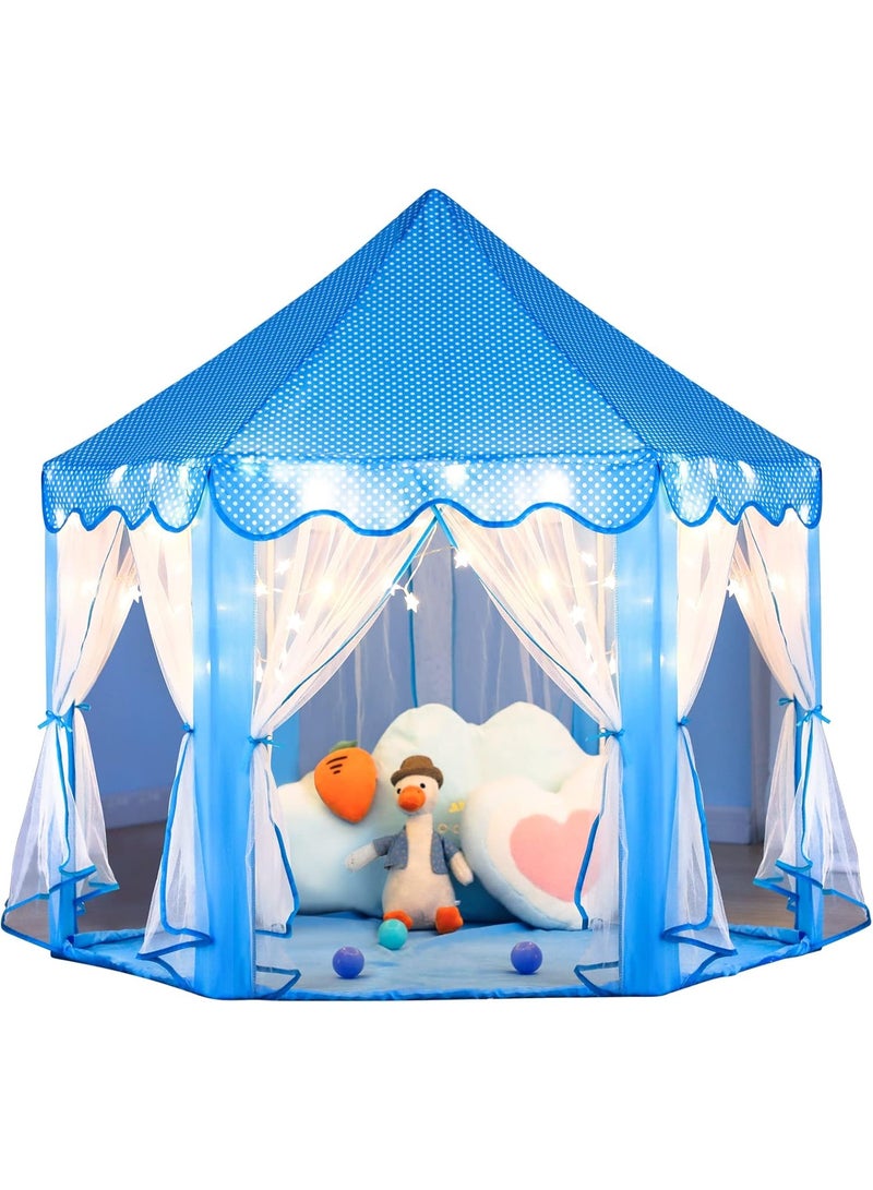 DubaiGallery Lovely Blue Kids Play Tent Fairy Castle with Curtains Star Lights Padded Mat Safe Cozy Corner for Toddlers Creative Play Reading Indoor Bedroom Nursery Playroom Gift Idea Fun Space Time - Image 1