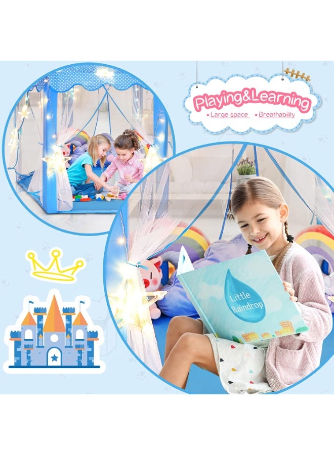 DubaiGallery Lovely Blue Kids Play Tent Fairy Castle with Curtains Star Lights Padded Mat Safe Cozy Corner for Toddlers Creative Play Reading Indoor Bedroom Nursery Playroom Gift Idea Fun Space Time - Image 5