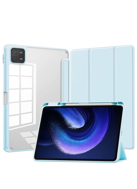 Case Compatible With Xiaomi Pad 6/6 Pro 11 Inch 2023 with Pencil Holder Clear Transparent Back Shell Slim Stand Shockproof Tablet Cover Auto Wake/Sleep (Ice Blue)