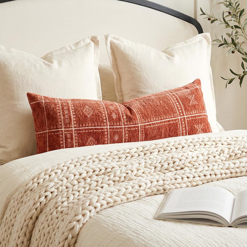 BlissBlush Decorative Lumbar Pillow Cover 14x36, Long Decorative Throw Pillow for Bed, Terracotta Rust Red Boho Textured Chenille Accent Pillowcase for Bedroom Home DÃ©cor (Cover Only) - Image 1