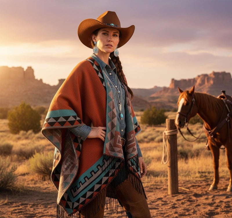 Chicingyou 4 Pcs Women's Western Cowboy Boho Outfit Classic Retro Panama Hat Cardigan Wrap Shawl Turquoise Jewelry Halloween - Image 4