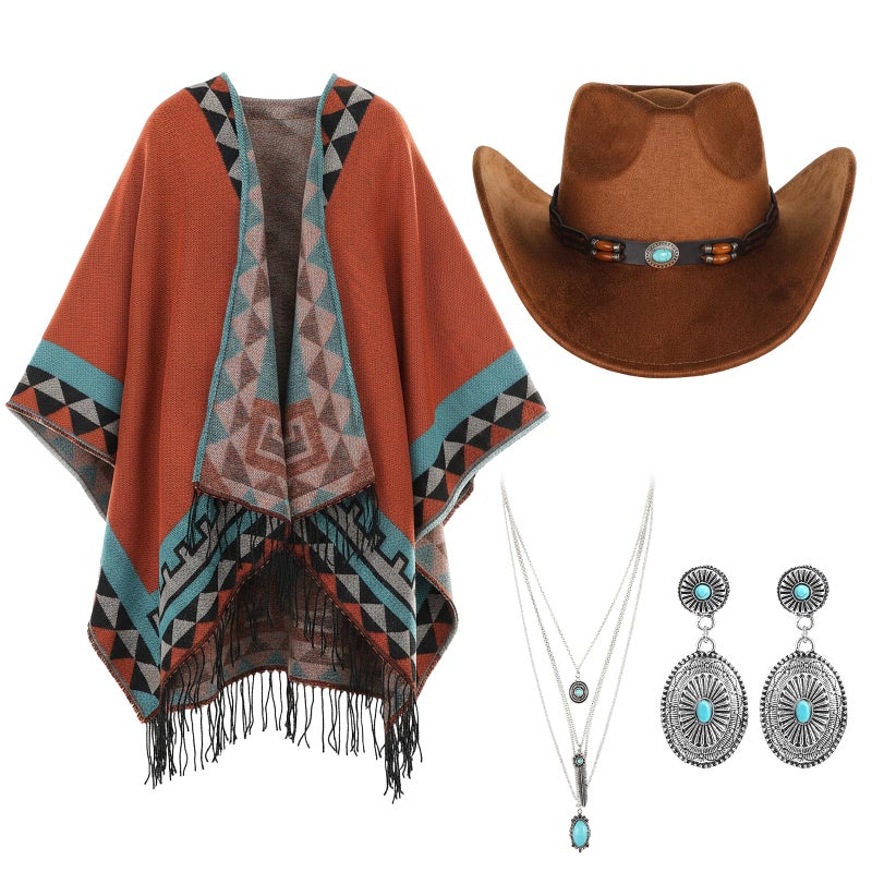 Chicingyou 4 Pcs Women's Western Cowboy Boho Outfit Classic Retro Panama Hat Cardigan Wrap Shawl Turquoise Jewelry Halloween - Image 1