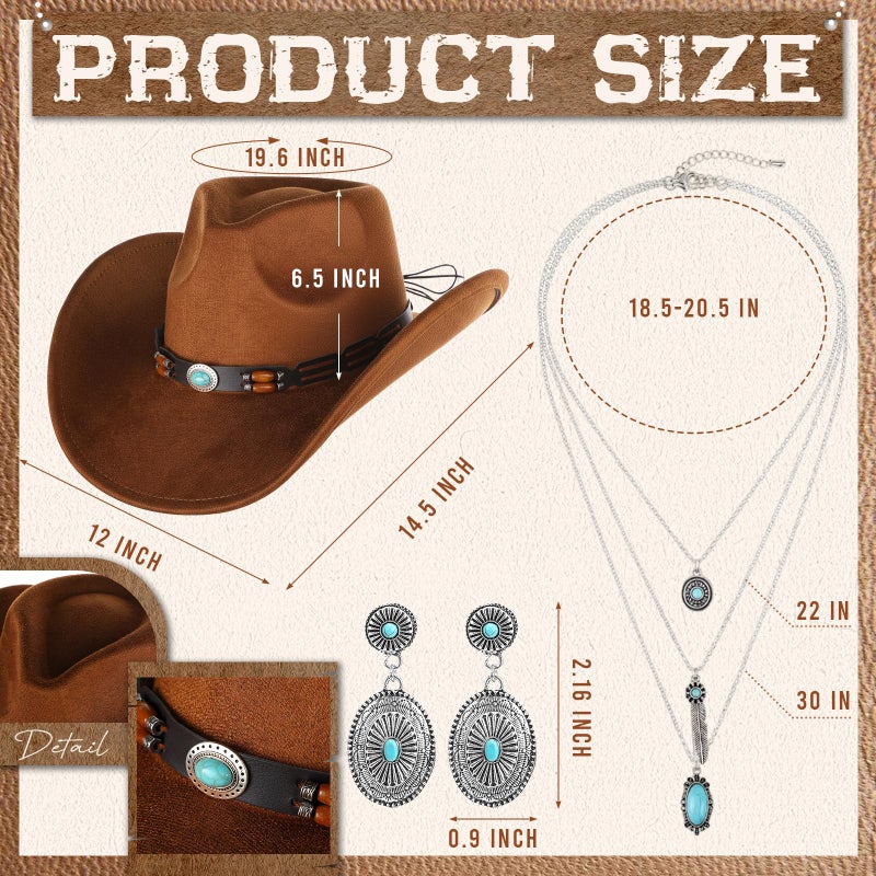Chicingyou 4 Pcs Women's Western Cowboy Boho Outfit Classic Retro Panama Hat Cardigan Wrap Shawl Turquoise Jewelry Halloween - Image 2