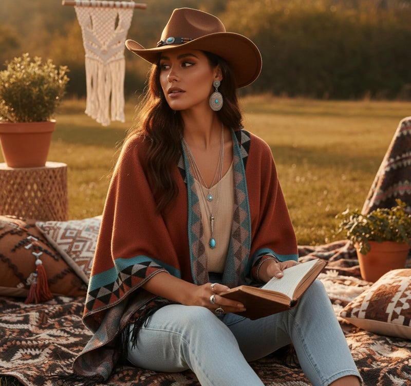 Chicingyou 4 Pcs Women's Western Cowboy Boho Outfit Classic Retro Panama Hat Cardigan Wrap Shawl Turquoise Jewelry Halloween - Image 5