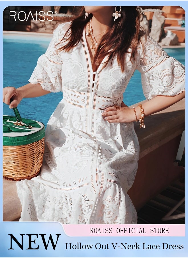 roaiss - Women's Lace Hollow Vacation Dress Single Breasted V-Neck Ruffled Waist A-Line Dress Gentle And Sweet Beach Dress - Image 1