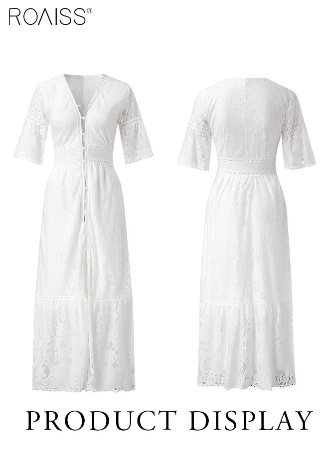 roaiss - Women's Lace Hollow Vacation Dress Single Breasted V-Neck Ruffled Waist A-Line Dress Gentle And Sweet Beach Dress - Image 1