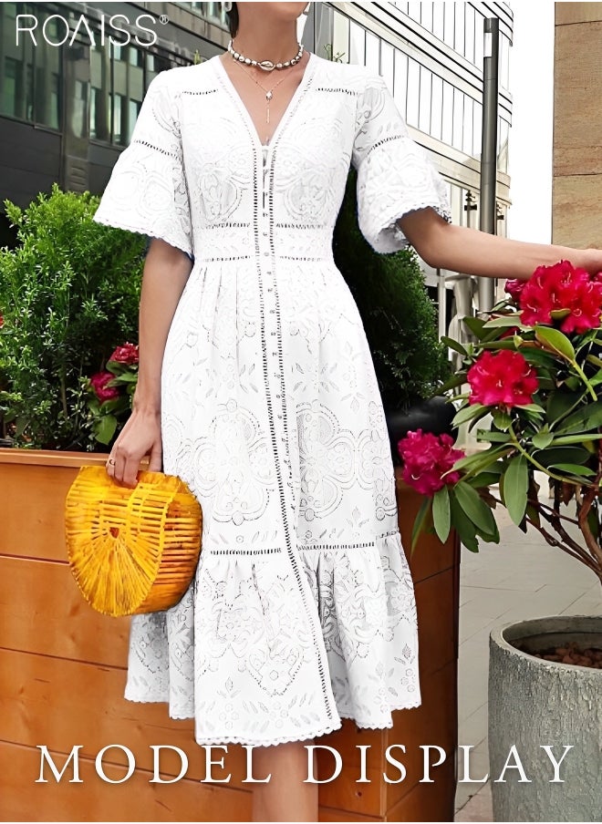 roaiss - Women's Lace Hollow Vacation Dress Single Breasted V-Neck Ruffled Waist A-Line Dress Gentle And Sweet Beach Dress - Image 1