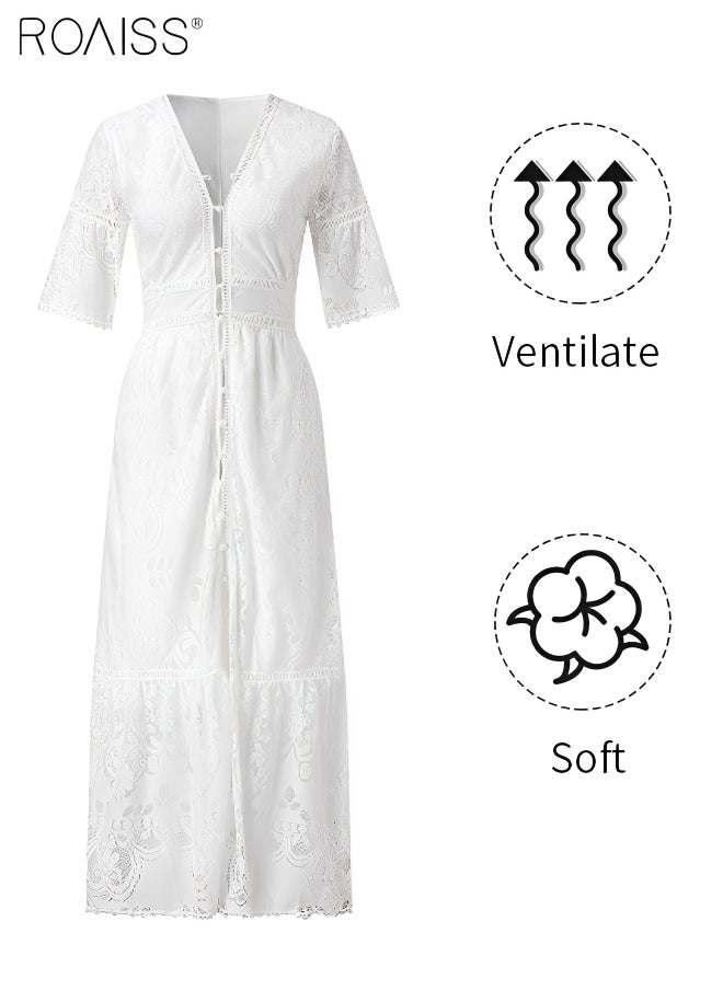 roaiss - Women's Lace Hollow Vacation Dress Single Breasted V-Neck Ruffled Waist A-Line Dress Gentle And Sweet Beach Dress - Image 1