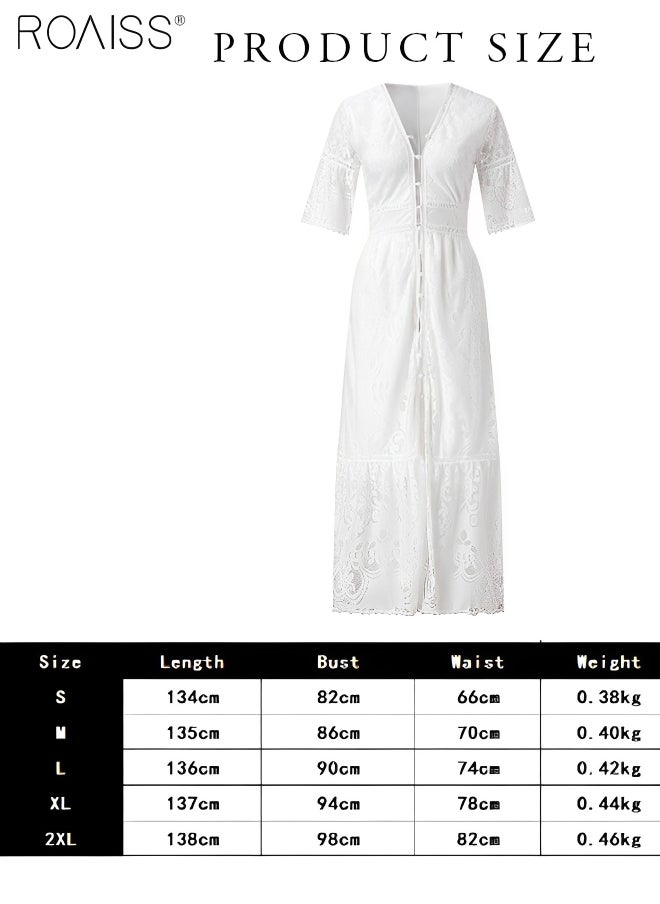 roaiss - Women's Lace Hollow Vacation Dress Single Breasted V-Neck Ruffled Waist A-Line Dress Gentle And Sweet Beach Dress - Image 1