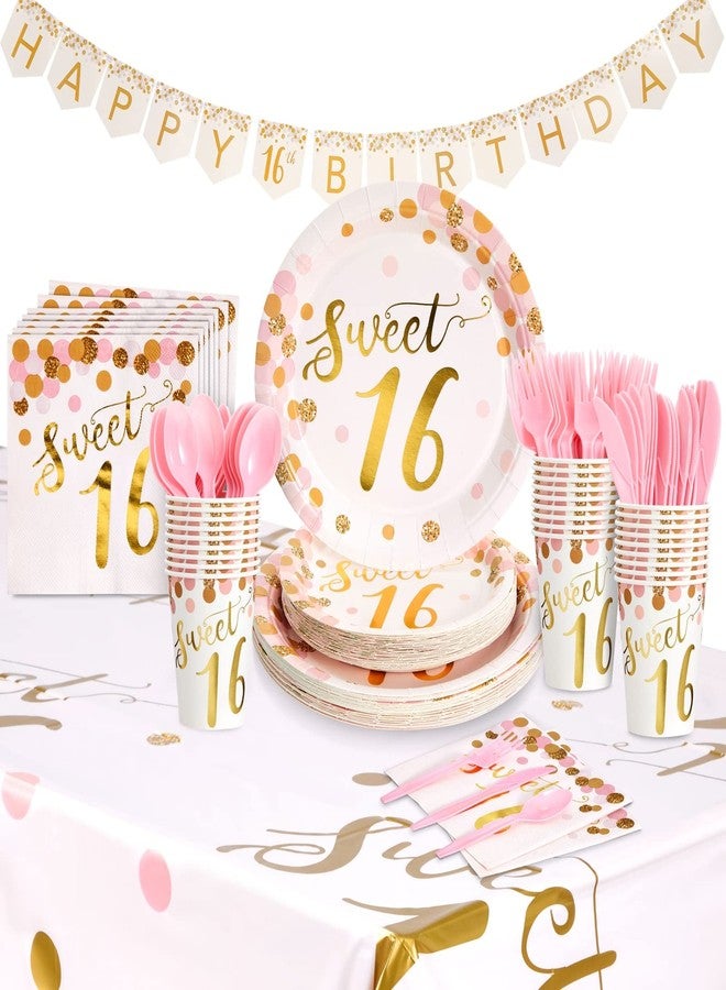 BLUE PANDA Rose Gold Sweet 16 Dinnerware Set - Kit for 24 Guests with Sweet 16 Plates & Napkins - Disposable Design & 16th Birthday Party Supplies - Table Cover & Banner, Rose Gold, 170-Piece Set - Image 1