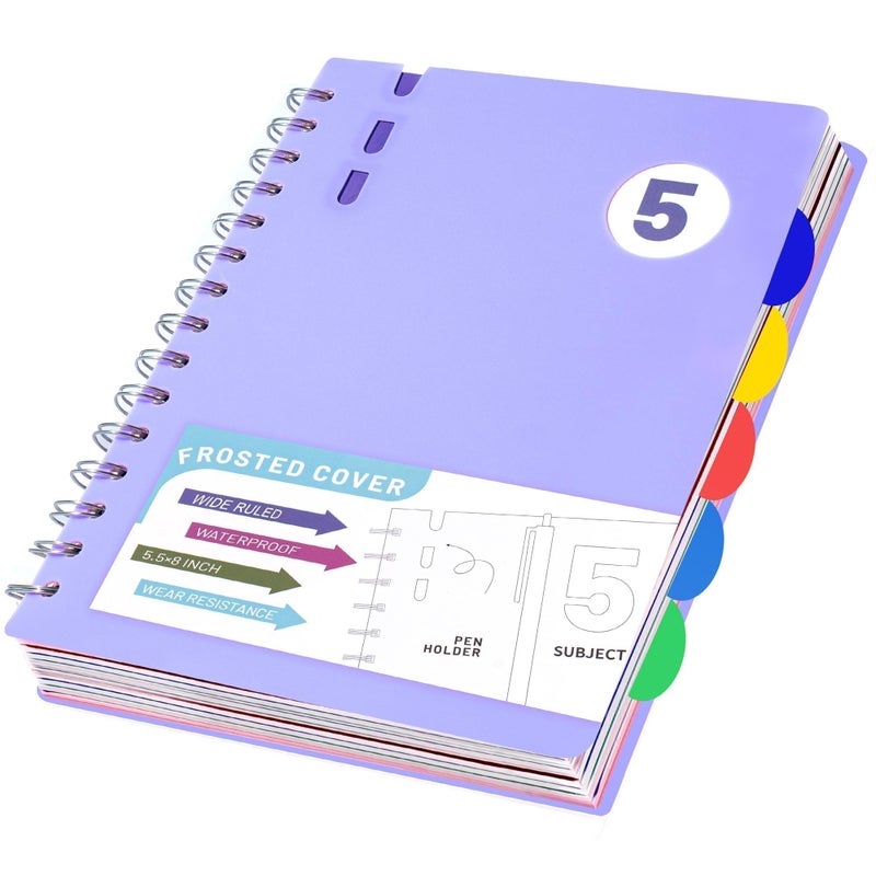 FLYING EAGLE 5 Subject Notebook Wide Ruled Spiral Notebook 5x7, A5 Small Notebook with Remoable Dividers, Hardcover Notebooks for Work, 204 Pages Lined Journal for Women, Violet - Image 1