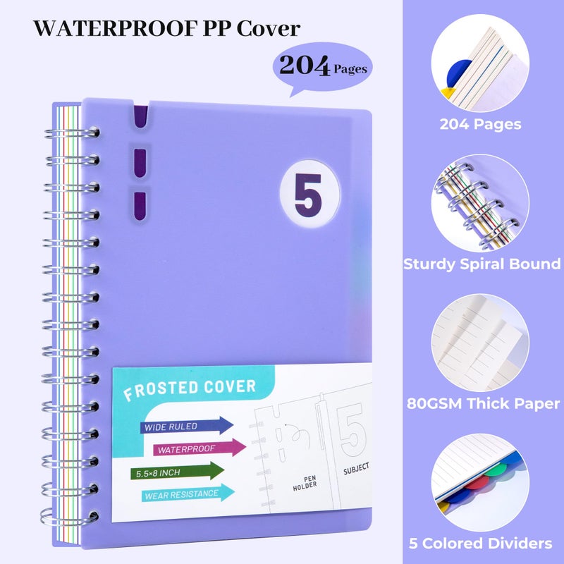FLYING EAGLE 5 Subject Notebook Wide Ruled Spiral Notebook 5x7, A5 Small Notebook with Remoable Dividers, Hardcover Notebooks for Work, 204 Pages Lined Journal for Women, Violet - Image 5