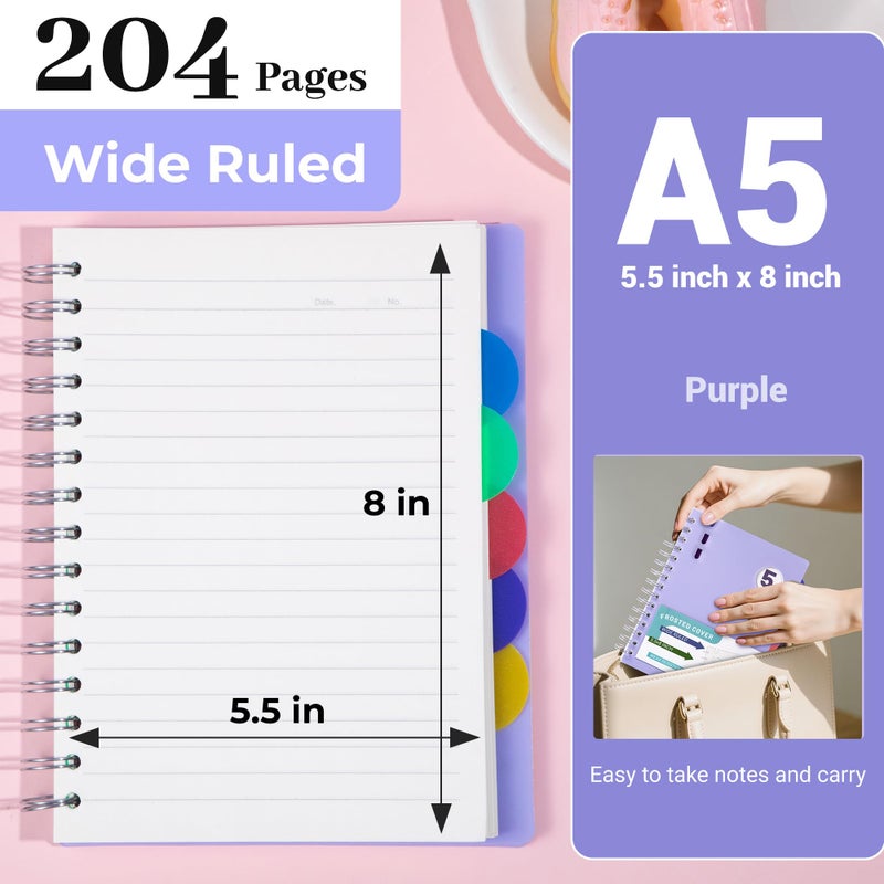 FLYING EAGLE 5 Subject Notebook Wide Ruled Spiral Notebook 5x7, A5 Small Notebook with Remoable Dividers, Hardcover Notebooks for Work, 204 Pages Lined Journal for Women, Violet - Image 2