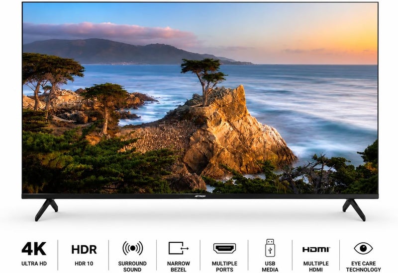 تلفزيون ذكي من سلسلة أورورا بحجم 55 بوصة ودقة 4K Ultra HD، يعمل بنظام أندرويد 14، يتميز بشاشة من نوع InnoLux، ويدعم الاتصال بالواي فاي (Wi-Fi) والتوصيل عبر منافذ USB (AR-55LPS). - Image 2